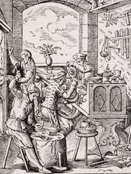 Goudsmid, reproductie van een houtsnede door Jost Amman (1539-91) uit 